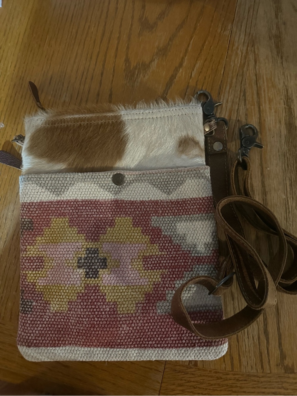 Myra Bag Pink, Yellow and Brown Woven Crossbody with Haircalf Trim